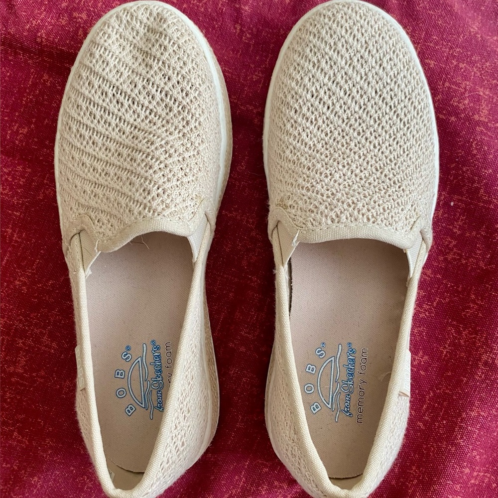 Skechers BOBS Women’s Knit Slip-On Shoes in Beige